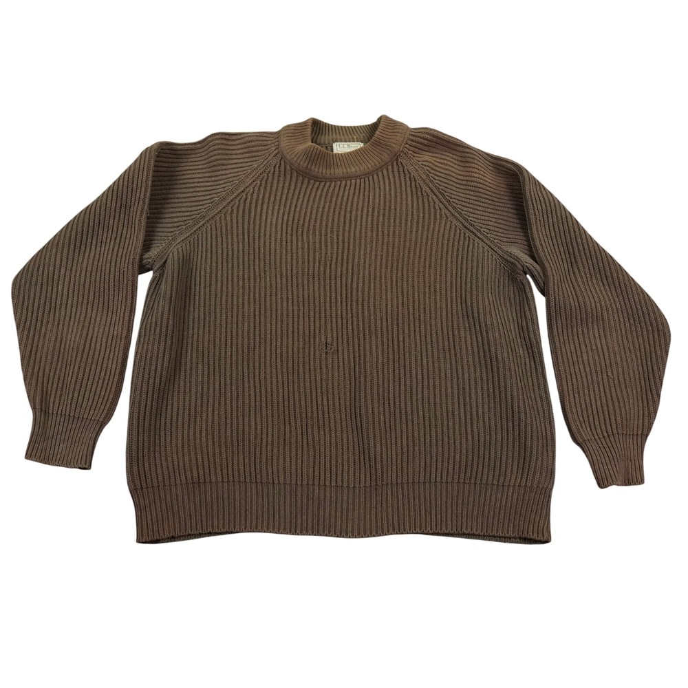LL Bean Sweater Mens Large Brown Ribbed Cotton Heavy Knit USA Made VTG